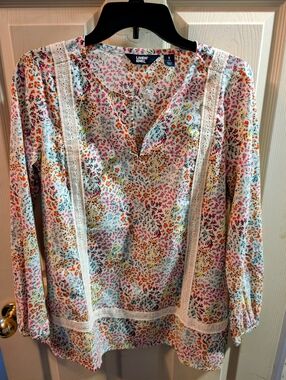 Lands' End White Floral Lace-Trim Tunic with Multicolor Print